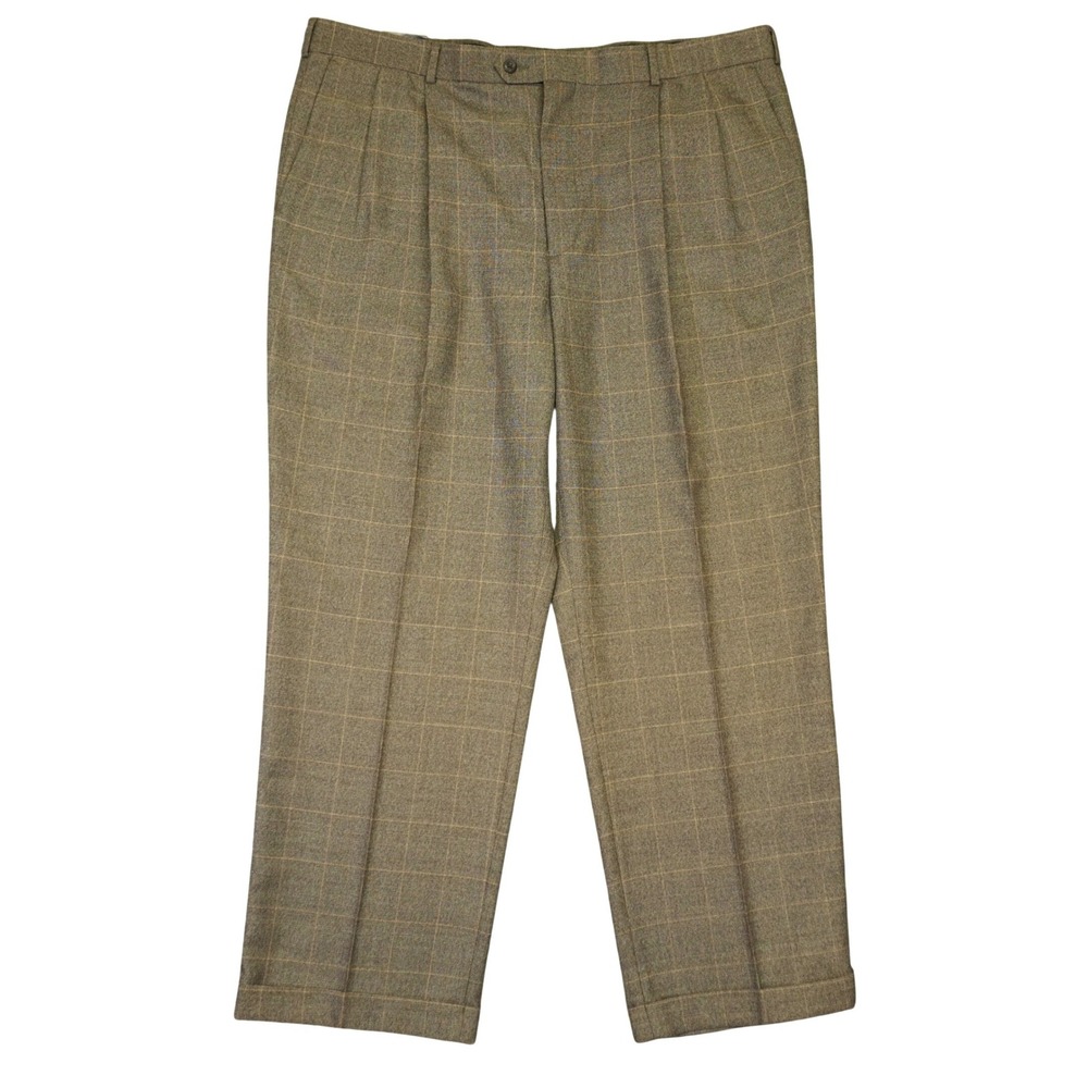 NEW Stafford Dress Pants Mens 44x30 Brown Plaid Pleated Cuffed Trousers